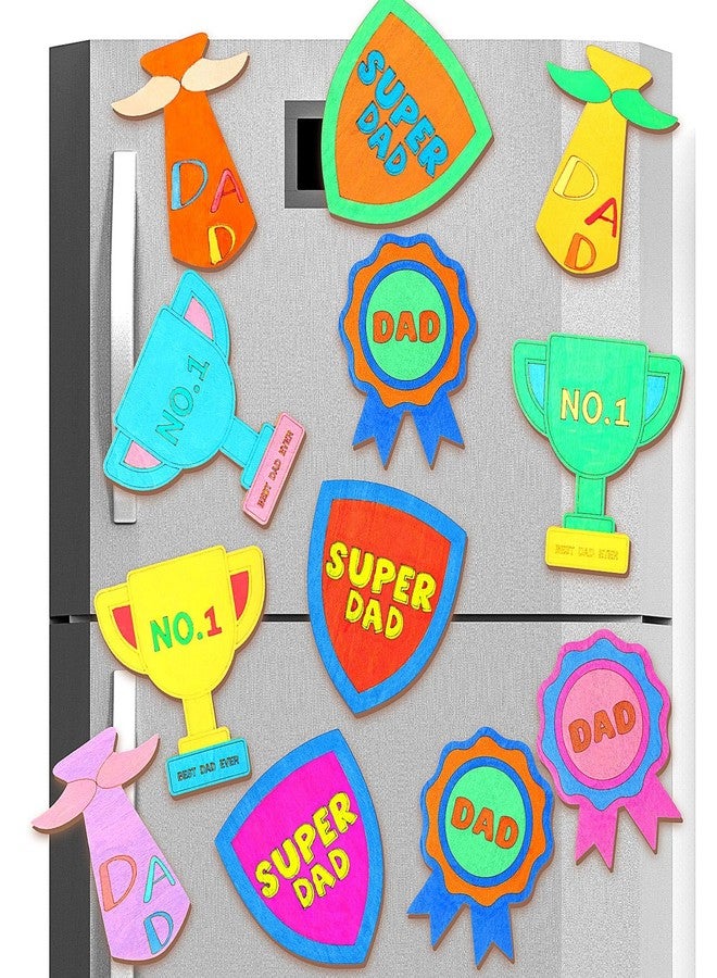 Kingdder 12 Pcs Father's Birthday Trophy Paint Craft Kits Color Your Own Dad Trophy Craft Kits Wood Fridge Magnet Gift Wooden Fun Art Painting Fridge Magnet for Dad Gift Family Party Decor - Image 1